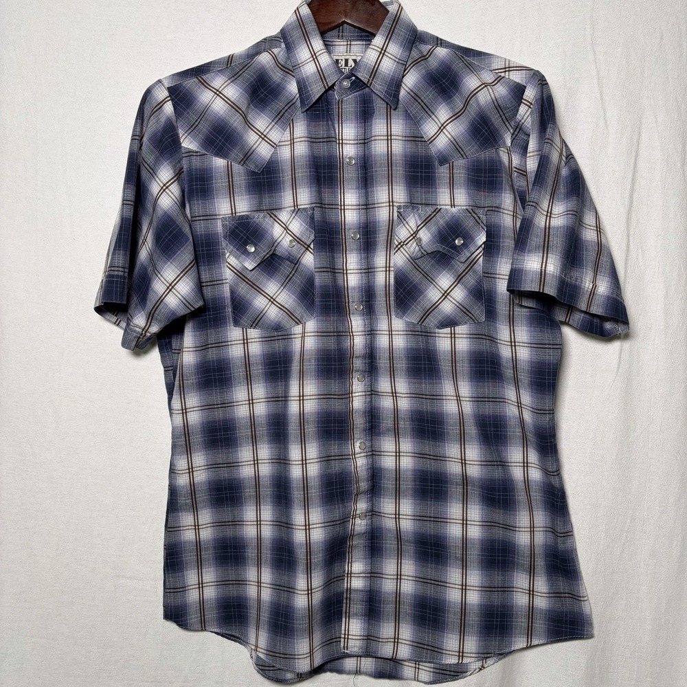 Ely Plains Shirt Mens Medium Blue Stripe Western‎ Pearl Snap Short Sleeve Cowboy